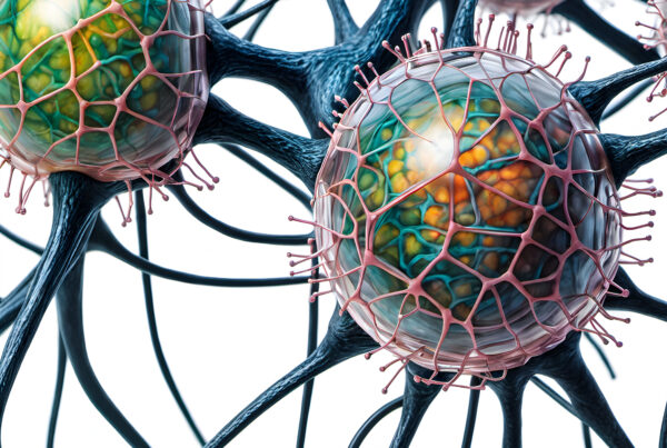 A close up digital illustration of quantum biology and a cell.