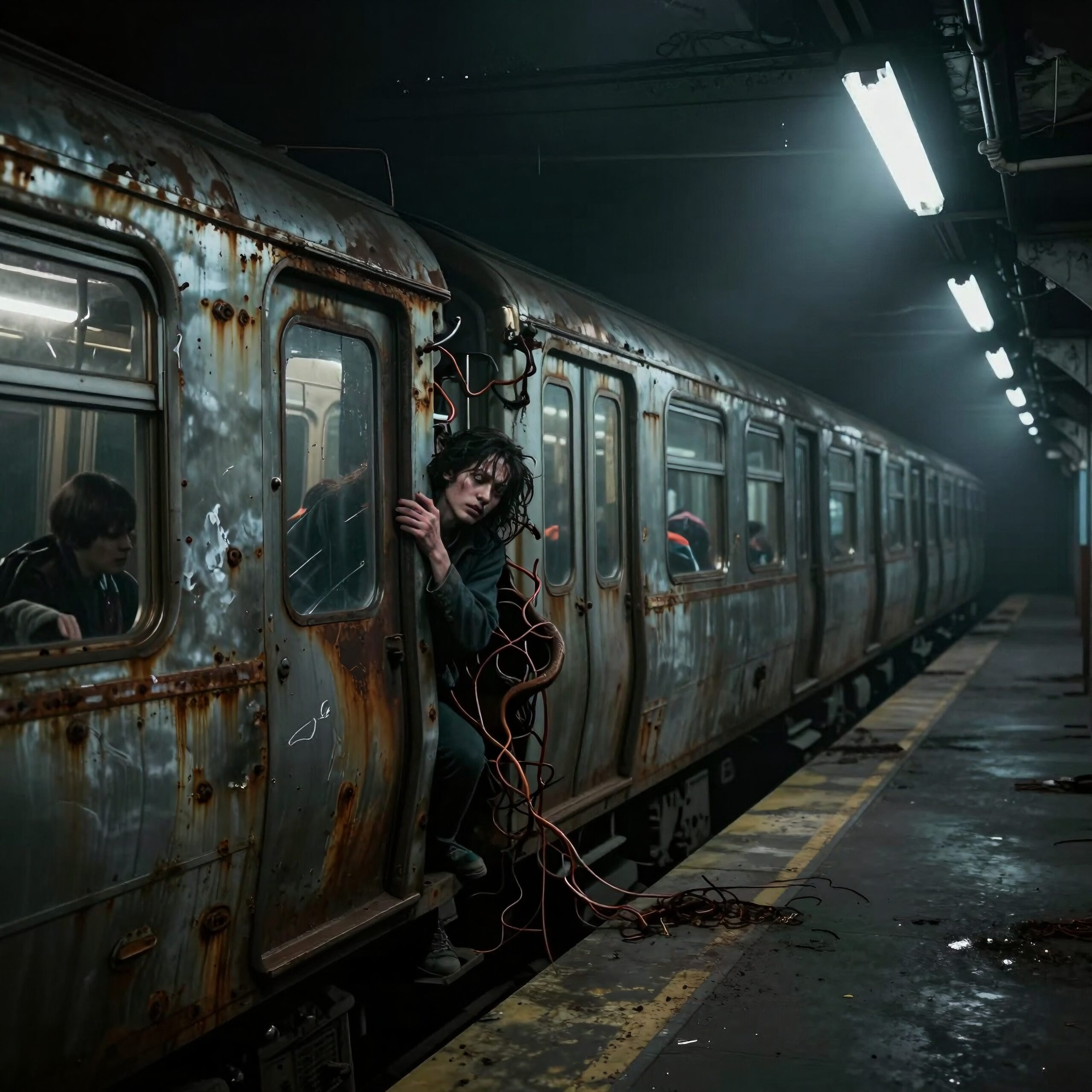 Dystopian subway with mysterious figure