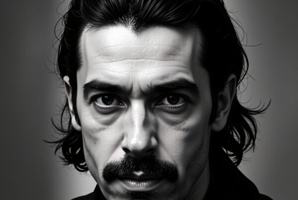 Black and white portrait of a serious man with dark hair and a mustache, emphasizing intense expression and textured details.