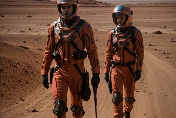 Two astronauts in orange suits walk on a barren desert, suggesting Mars exploration.