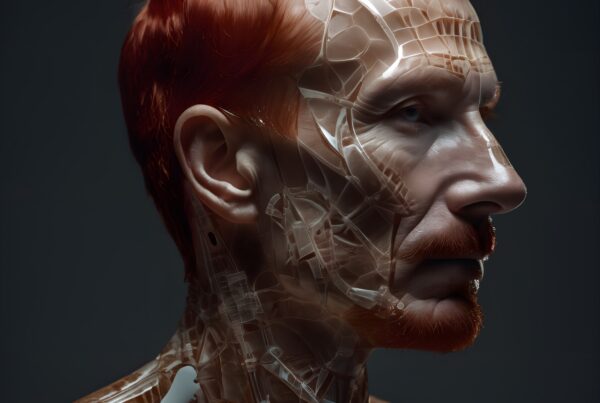 A futuristic cyborg man with red hair, featuring intricate mechanical and biological details on a glossy textured surface.