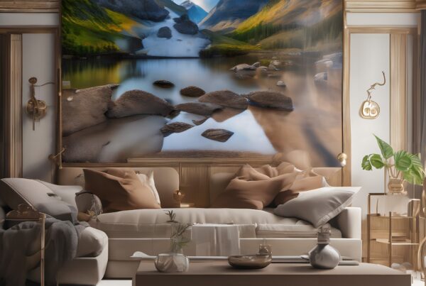 Elegant living room with landscape painting, cozy seating, and modern decor.