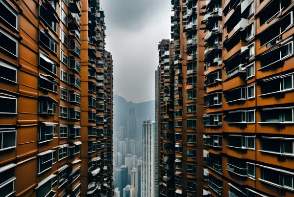 Tall orange towers frame a hazy city skyline displaying urban density.