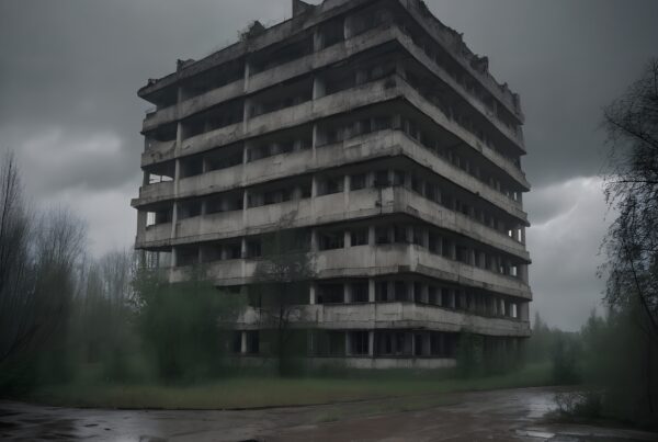 A decaying, abandoned building under a stormy sky.