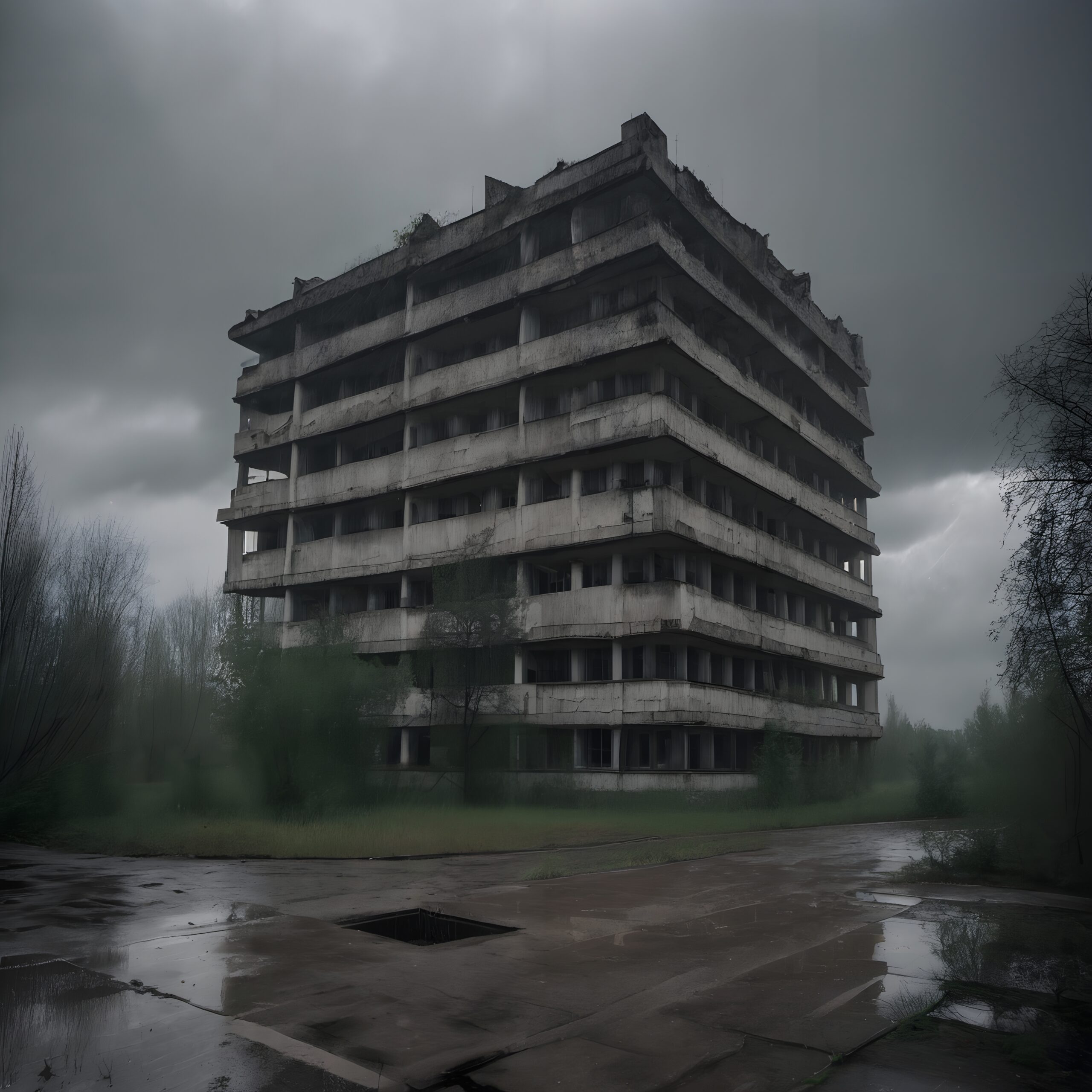 Abandoned Building Under Stormy Skies
