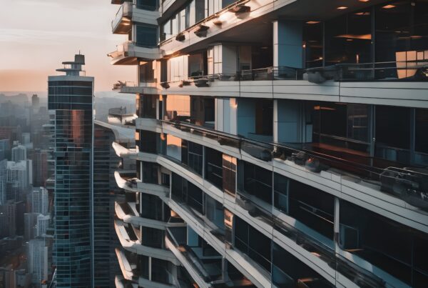 Modern cityscape with sunset reflections.