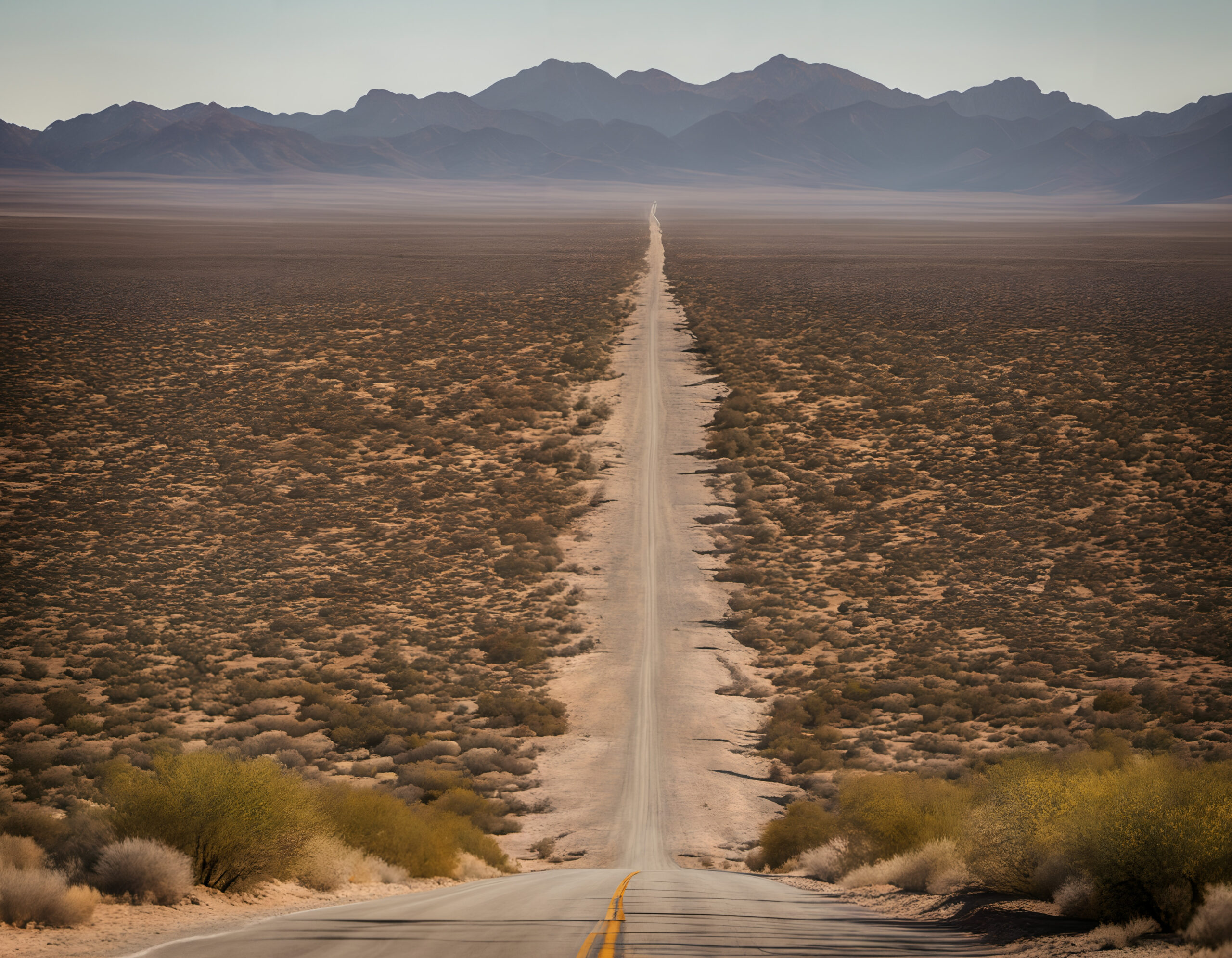 Endless Desert Road Toward Mountains