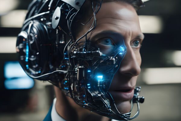 Robotic-enhanced man with glowing circuitry in a futuristic environment.