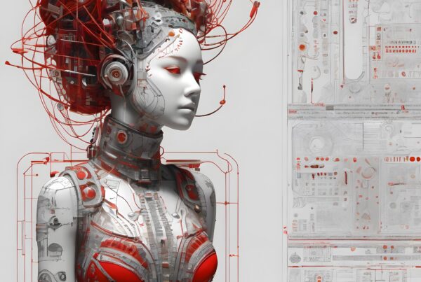 Futuristic humanoid robot with intricate wiring and schematic backdrop.