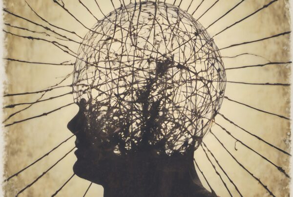 Silhouette of a head filled with tangled wires symbolizing complex thoughts and chaos.