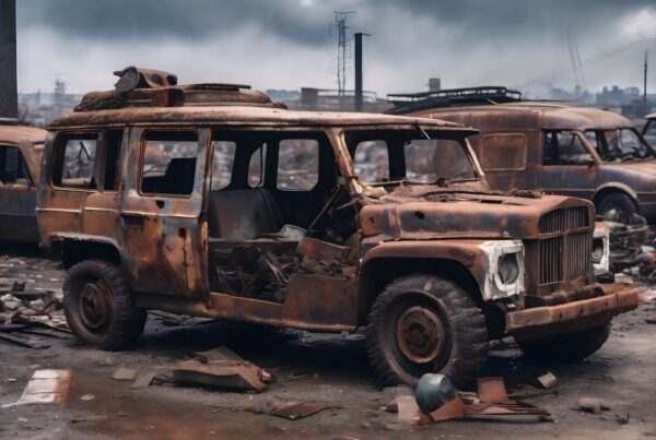 Image of a rusted vehicle in an industrial wasteland setting, emphasizing decay and abandonment.
