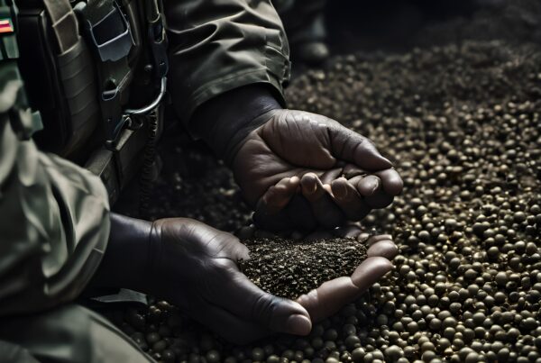 Hands in military attire holding soil and seeds.