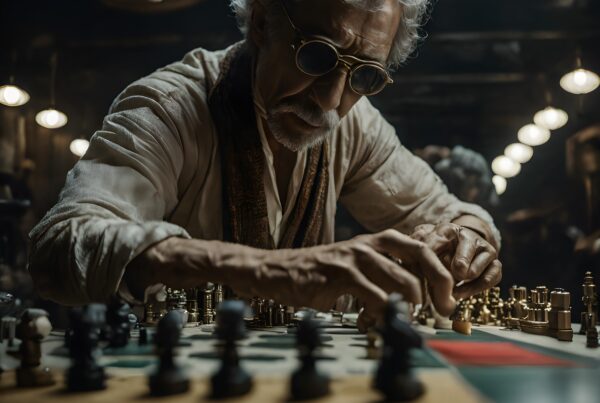 Elderly man engrossed in strategic chess game against atmospheric backdrop.