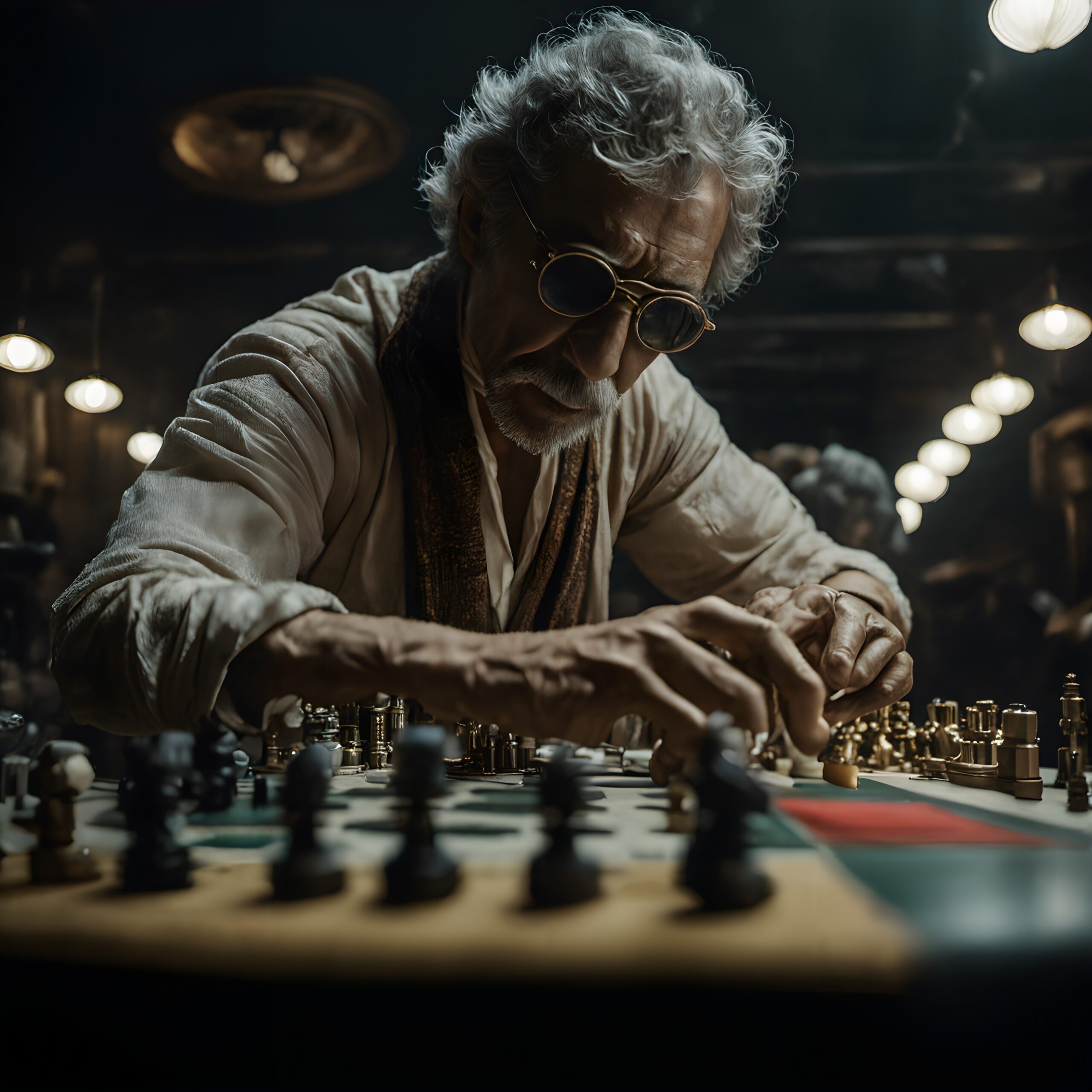 Elderly Man Intently Plays Chess