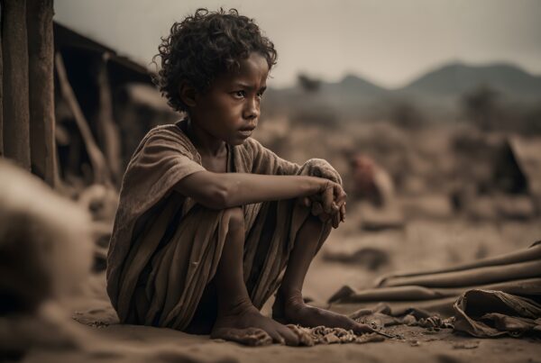 A young child sitting contemplatively in a barren, desolate landscape with an overcast sky.