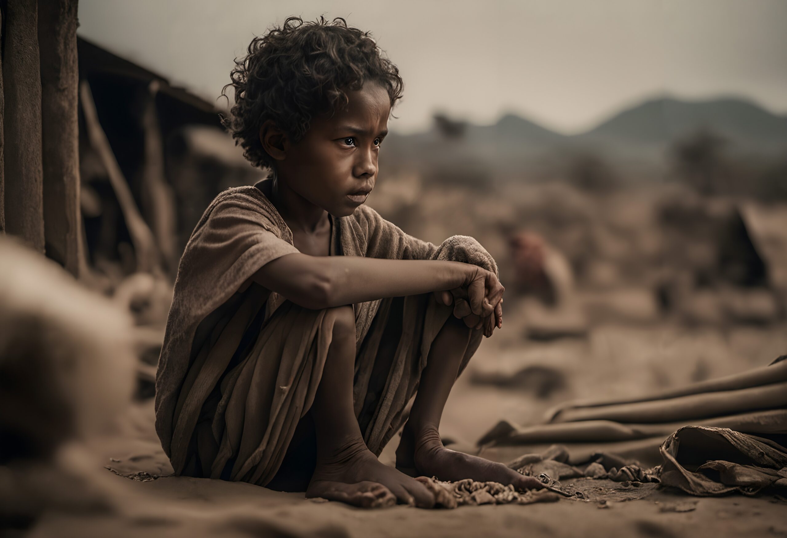 Contemplative Child in Harsh Landscape