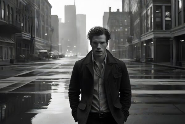 A man in an empty city street in black and white.