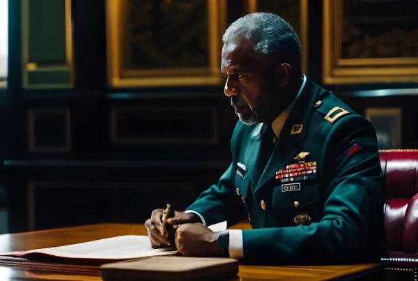 A military officer writes at a desk in a richly decorated room.