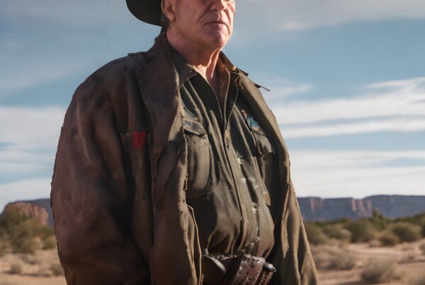 A rugged cowboy stands in a vast desert landscape wearing a worn jacket and hat.