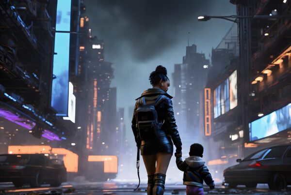 A woman and child walk through a neon-lit futuristic cityscape.