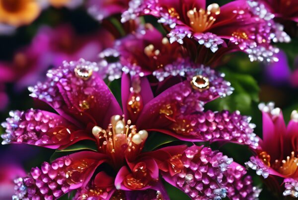 Vibrant pink flowers covered in dewdrops and shimmering crystals.