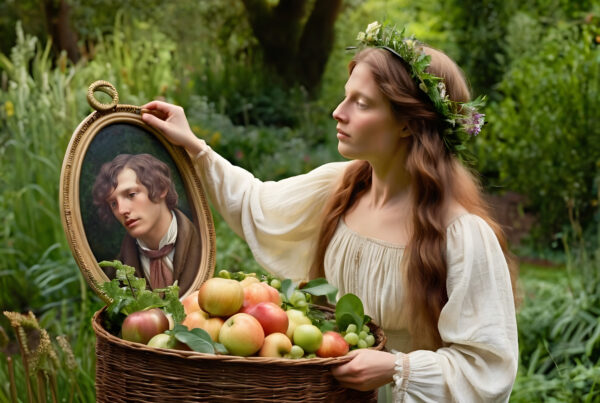 Woman holding portrait beside apple-filled basket in sunlit garden