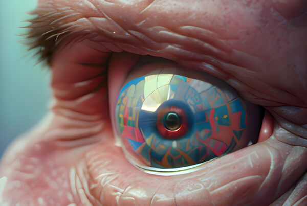 Surreal fractal eye reflecting distorted colors through aged skin texture