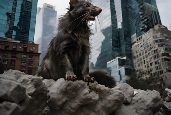A majestic gray rat perches on rocks with skyscrapers in the background, blending nature with urban life.