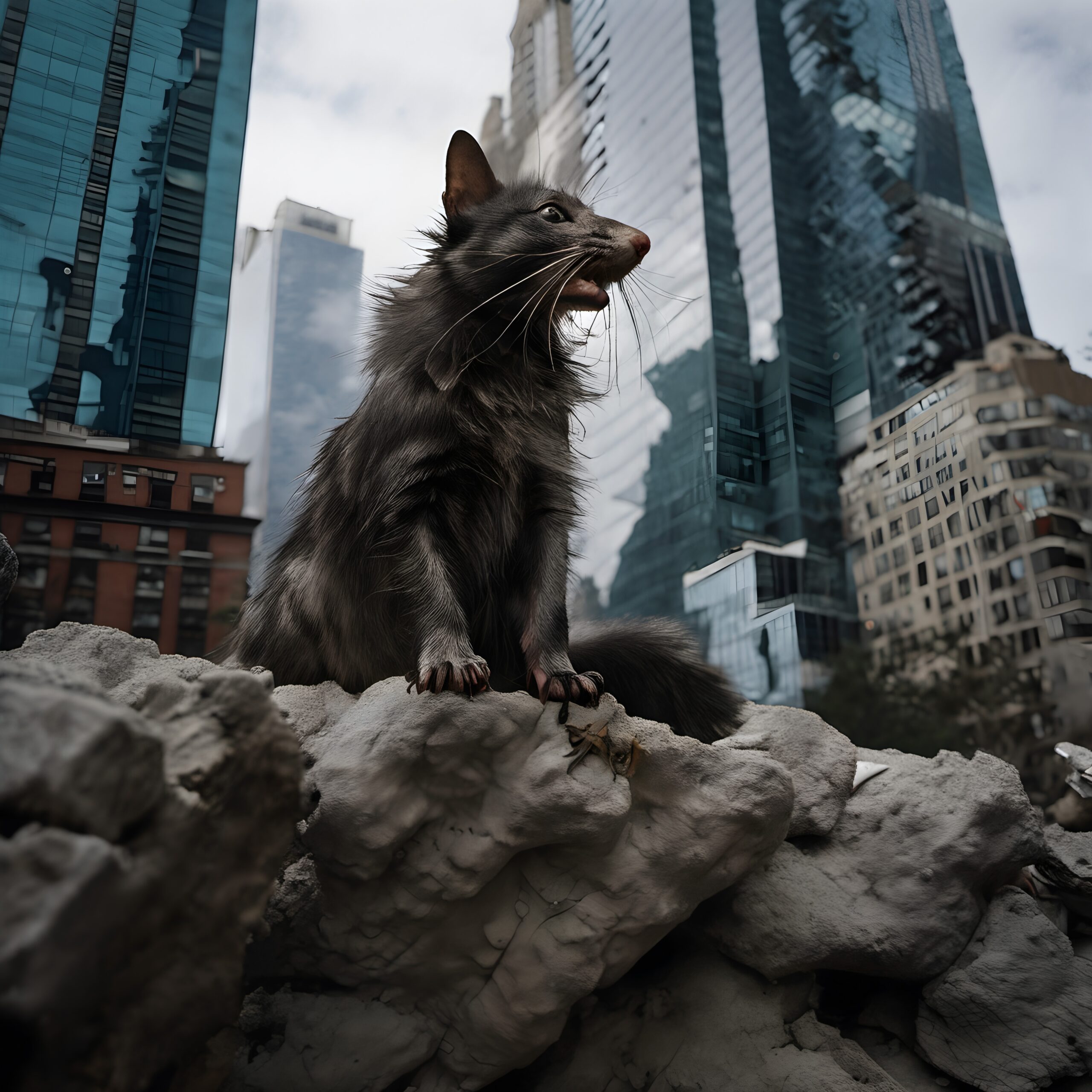 Rat Overlooking Urban Skyscrapers