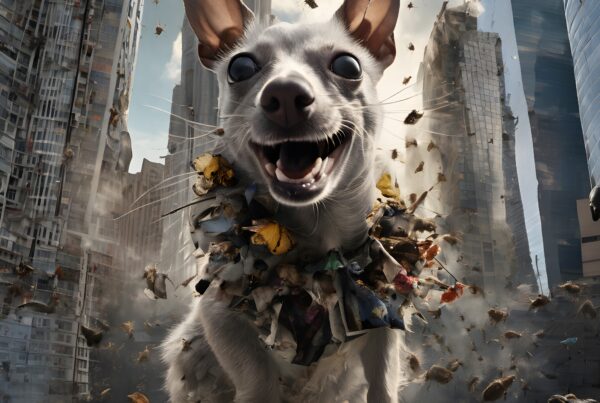 Joyful dog with debris-themed attire amidst chaotic cityscape.