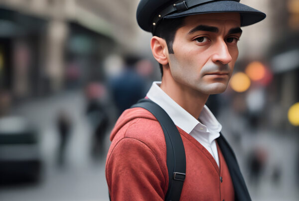 Man wearing uniform-style cap walking down busy urban street