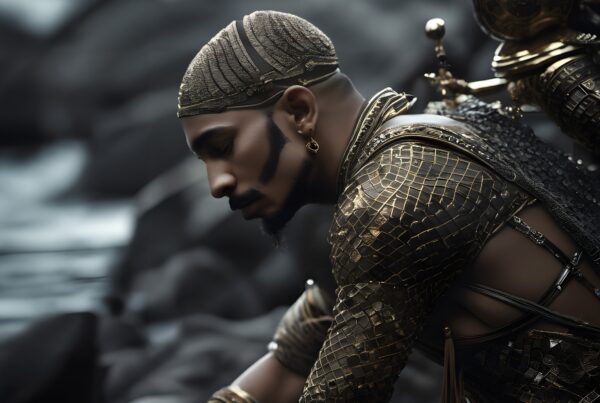 A contemplative warrior adorned in gold armor sitting by the rocky shoreline with a serene yet dramatic backdrop.