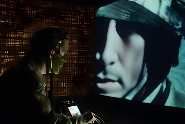 A person interacts with a screen showing a soldier's face, in a dimly lit, tech-themed room.