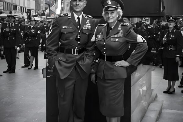Uniformed military officers in ceremonial urban setting surrounded by crowds and buildings.