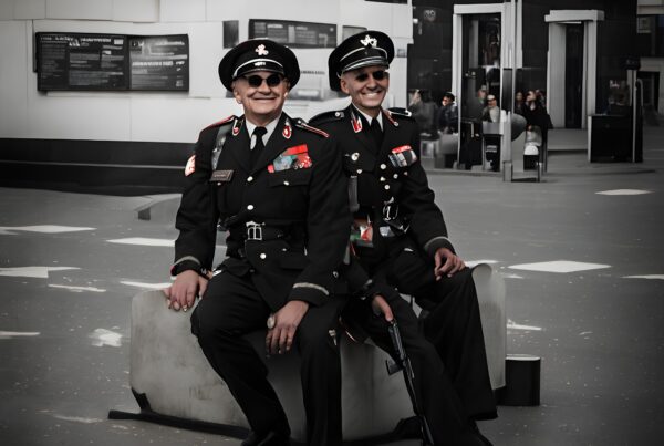 Two men in military-style uniforms sit in a bustling city scene.