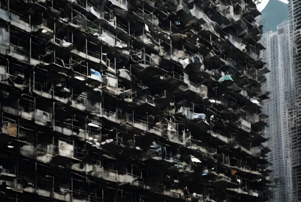 Dense urban apartment complex juxtaposed with towering skyscrapers showcasing contrasting architectural styles