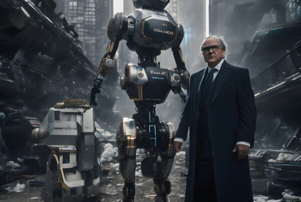 A futuristic humanoid robot stands beside a man in a formal coat amidst an urban, dystopian backdrop.