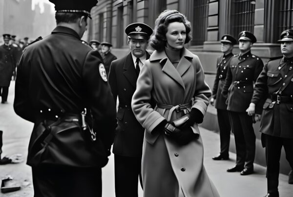 A confident woman walks past uniformed officers on a city street in a monochrome, historical setting.