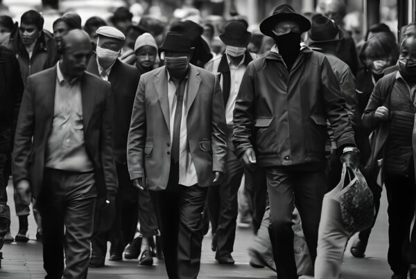Black and white urban street scene with masked pedestrians walking.
