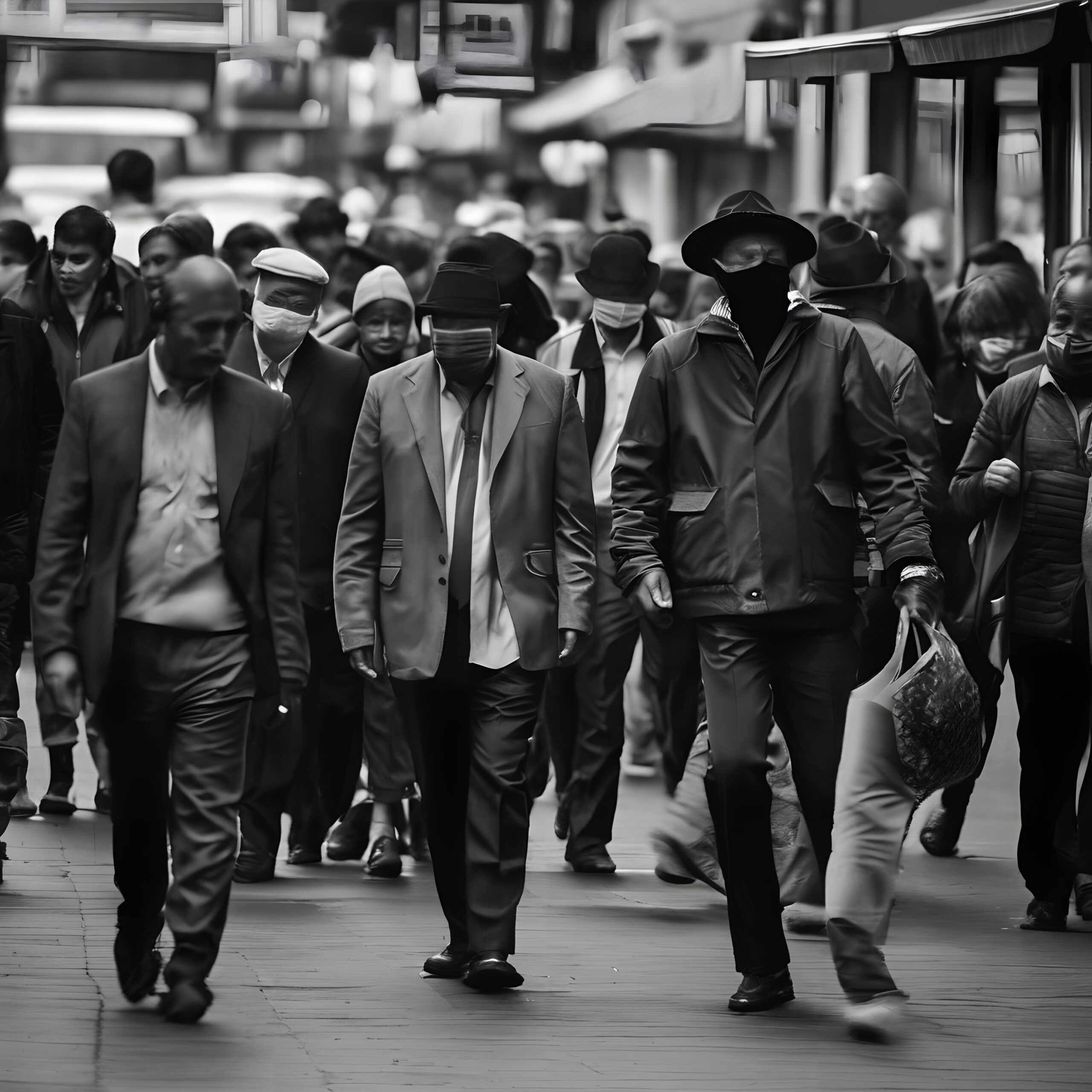 Urban Crowd in Black Masks