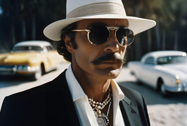 Man wearing white fedora and sunglasses standing near vintage cars under sunny sky
