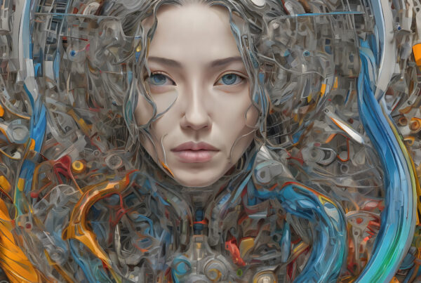 Futuristic cyber goddess emerging from complex machinery, blending human beauty with robotic elements, stunning AI-generated art depicting next-gen synthetic lifeform