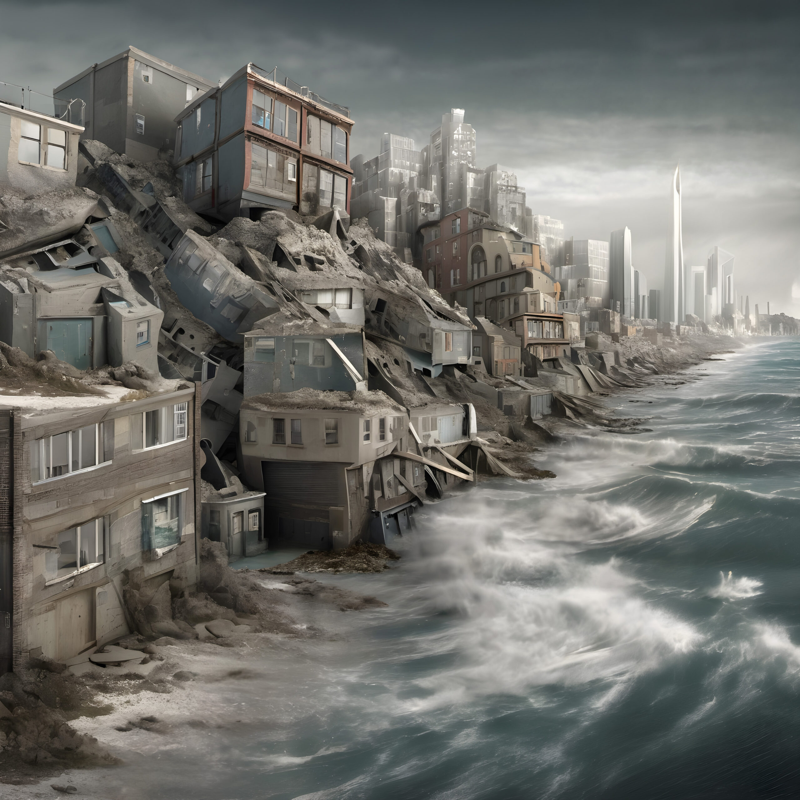 Coastal Urban Ruins and Turbulent Ocean