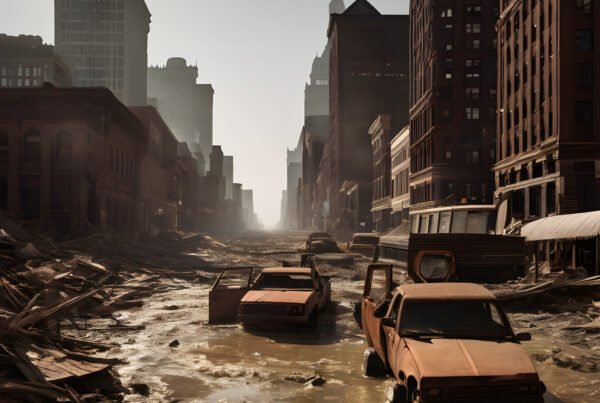 Abandoned car-filled flooded ruined city street after apocalyptic disaster