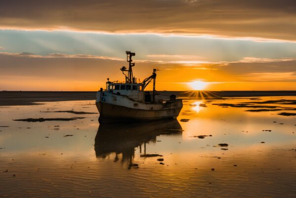 A lone boat reflected in calm coastal waters under a vibrant, golden sunset sky, creating a peaceful and serene scene.
