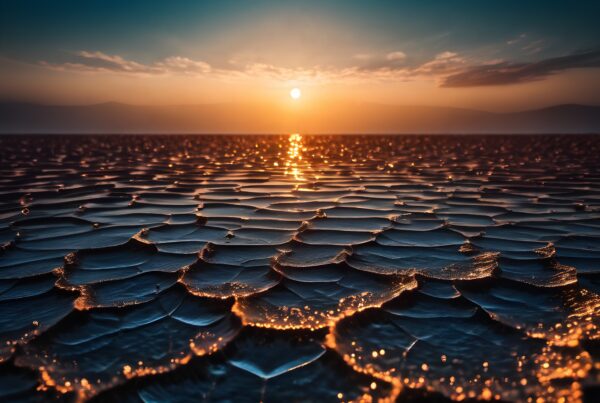 A mesmerizing sunset over hexagonal rock formations with golden reflections.