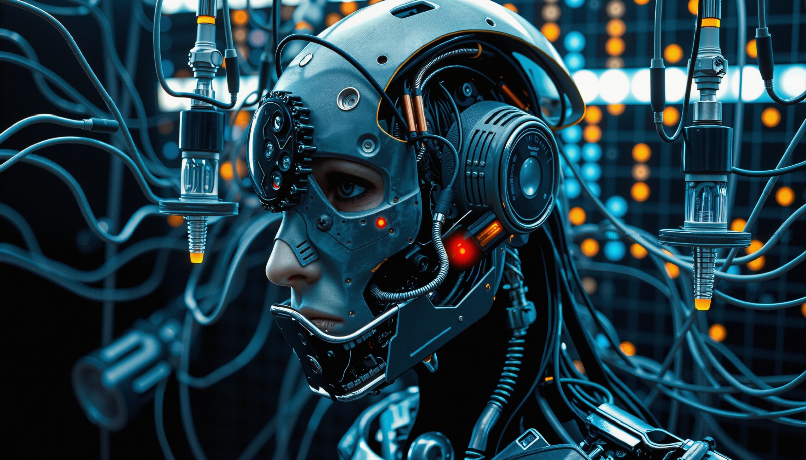 Futuristic Cyborg with Wired Connections