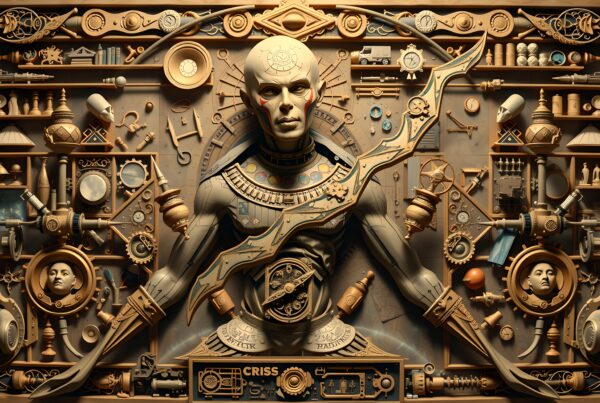 Steampunk-themed art installation with mechanical and ornamental elements surrounding a central figure, merging human and technological aspects.
