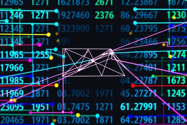Complex network of numbers and lines, showcasing digital connectivity and data analysis.