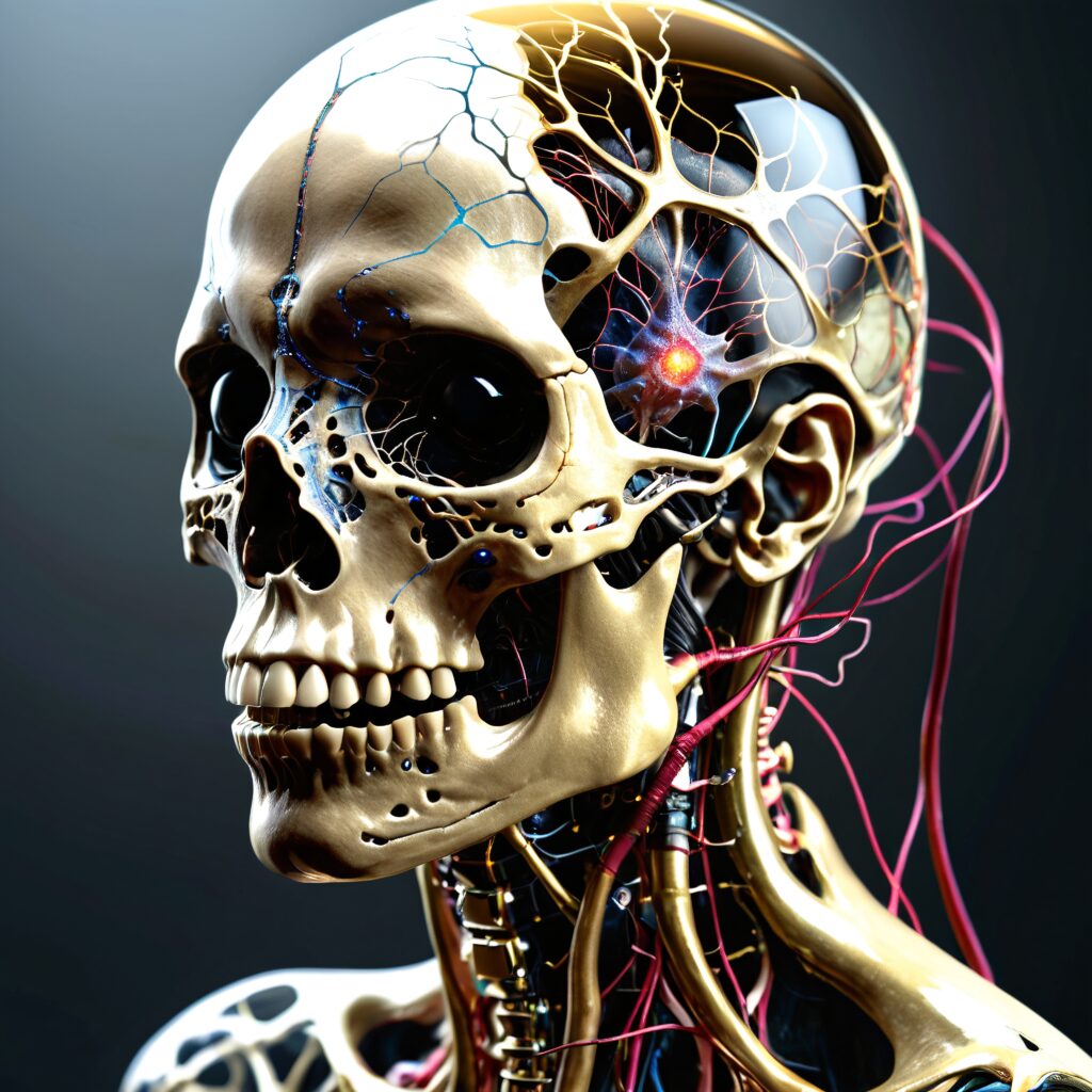 Futuristic Cybernetic Skull with Neural Network Visualization